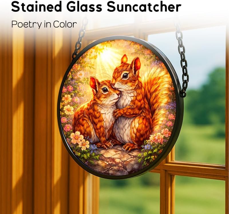 Stained Glass Window Hanging，Adorable Squirrels 11.8in Sun Catchers Indoor Window, Home Decor Inside and Outside the Cottage, Unique Gifts for Women - Image 2