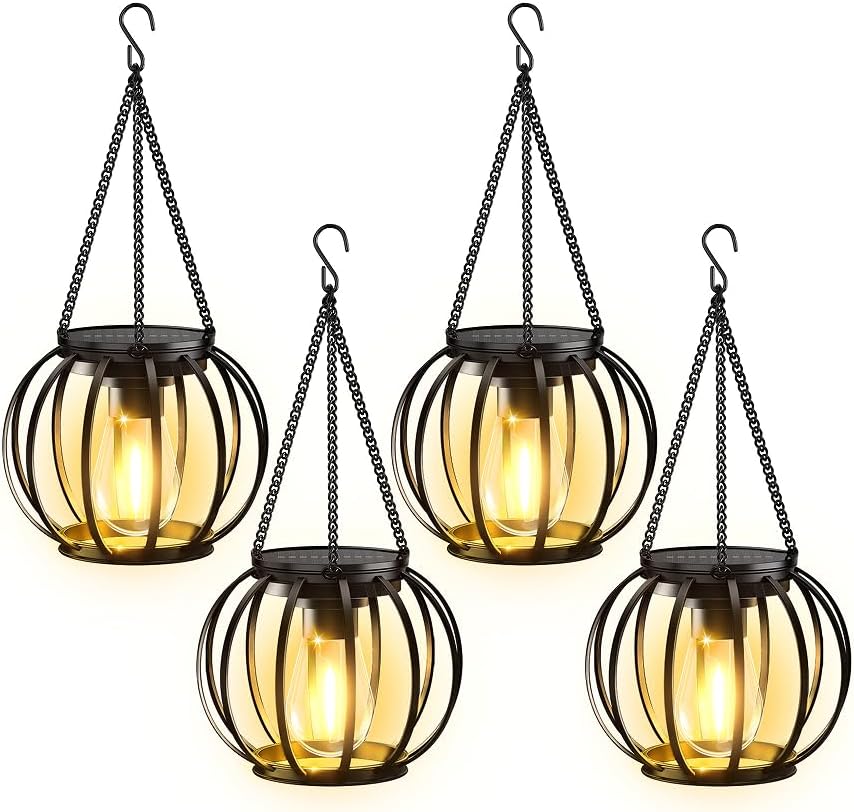 KOOPER Solar Lanterns Outdoor Waterproof, 4 Pack Upgraded Metal Hanging Solar Lights Outdoor Lanterns, Brighter Auto On/Off Outdoor Hanging Lantern for Yard Patio Pathway Porch Garden Decor by KOOPER