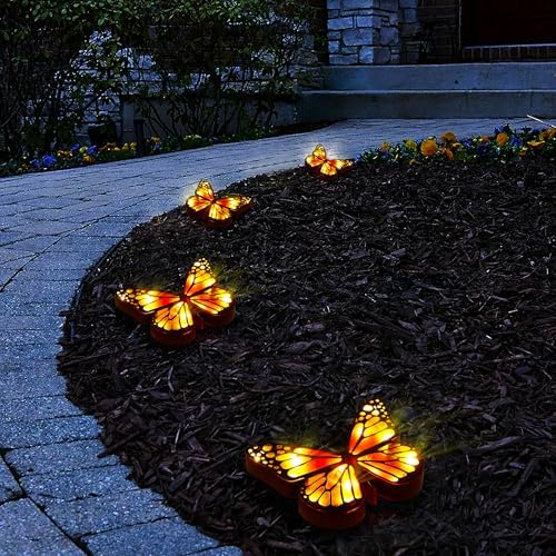 ground lights, equipped with 4 solar butterfly lights for outdoor waterproofing, 14 LED solar landscape lighting, suitable for gardens, courtyards, terraces, corridors, lanes, and walkways (yellow) - Image 6