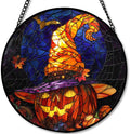 Stained Glass Window Hanging - 11.8in Halloween Pumpkin with Witch Hat and Autumn Leaves Sun Catchers Panel for Indoor Decorative Display for Mom, Wife, Lovers, Festive by PPANGI