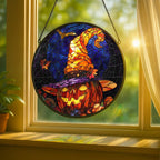 Stained Glass Window Hanging - 11.8in Halloween Pumpkin with Witch Hat and Autumn Leaves Sun Catchers Panel for Indoor Decorative Display for Mom, Wife, Lovers, Festive - Image 2