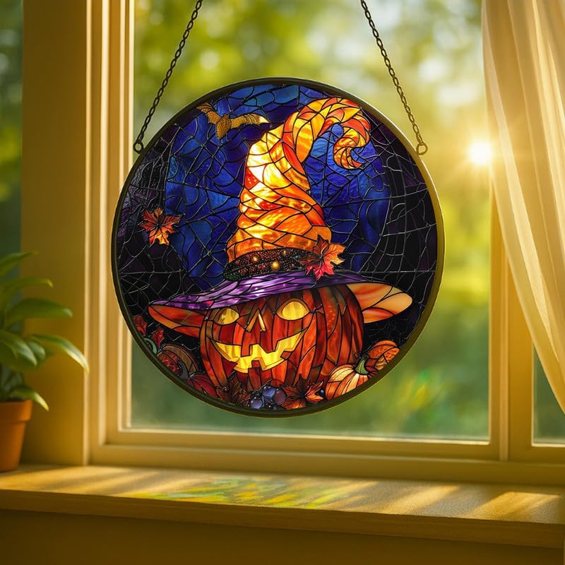 Stained Glass Window Hanging - 11.8in Halloween Pumpkin with Witch Hat and Autumn Leaves Sun Catchers Panel for Indoor Decorative Display for Mom, Wife, Lovers, Festive - Image 2
