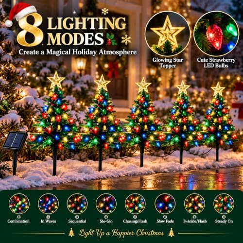 Solar Christmas Tree Pathway Lights, 5-Pack Strawberry LED - Image 7