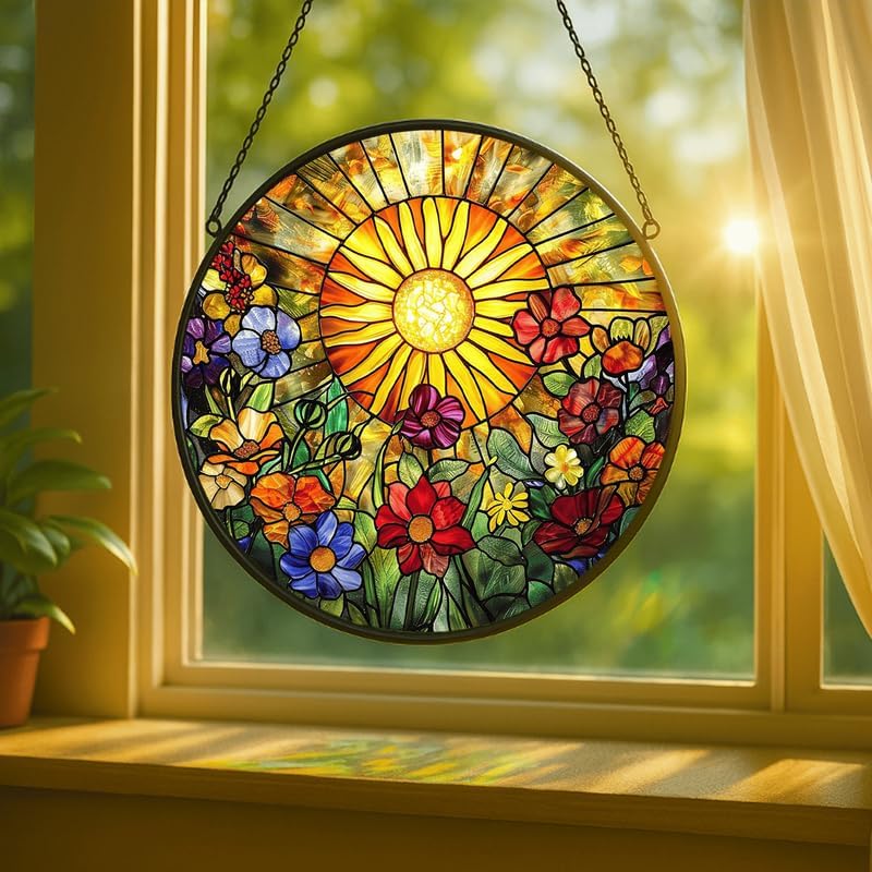 Stained Glass Window Hanging - Radiant Crystal Floral Sunburst 11.8in Sun Catchers Indoor Stained Glass Panels Wall Decor for Mom,Wife,Lovers,Festive - Image 2
