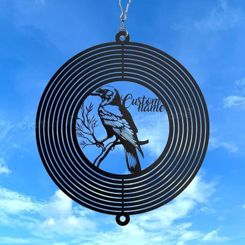Personalized Raven Metal Wind Spinner, Custom Gothic Bird Hanging Yard Art, Outdoor Garden Decor (Raven Garden Wind Spinner) - Image 2