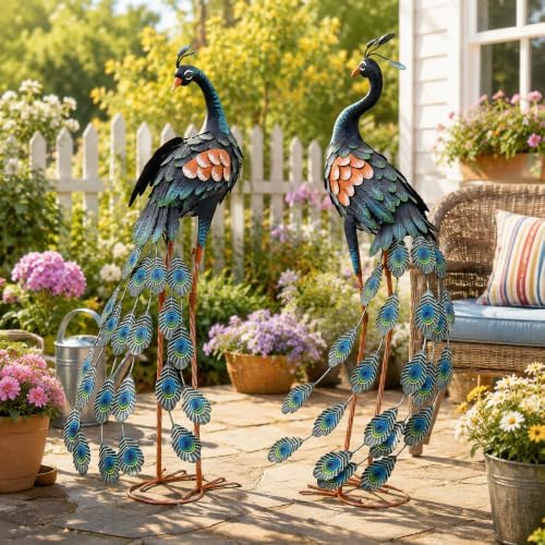 36" Peacock Garden Decor Set of 2, Large Outdoor Metal Yard Art by Unknown