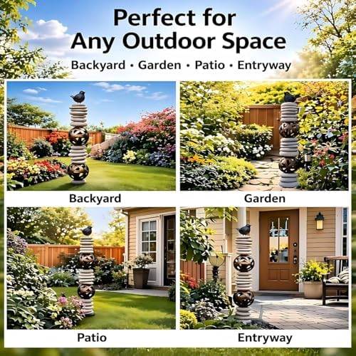Garden Totem Sculpture with Cast Iron Bird – Natural River Rock Rustic Garden Decor, Outdoor Yard Art Garden Stake for Lawn, Patio & Cottage Garden 32 Inch - Image 3