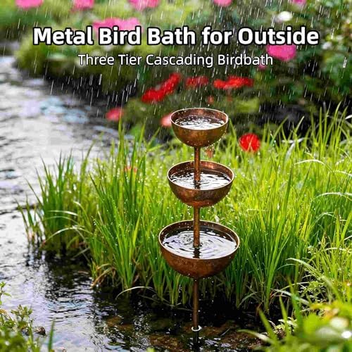3-Tiered Cascading Rain Catcher Garden Stake, Rust Patina Metal Bird Bath with Water Bowls, 26.7 Inch Outdoor Garden Decor & Plant Support for Yard, Flower Beds & Patio - Image 2