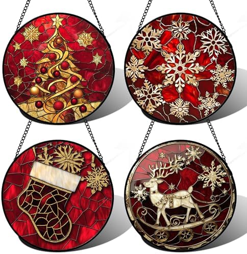 DASTOLL Stained Glass Window Hanging 4 Pcs Set Red Christmas Elk Snowflakes Large 11.8" - Deer Suncatcher Door Garden Sun Catcher Decor Birthday for Mom Woman Nana Men Friend by DASTOLL