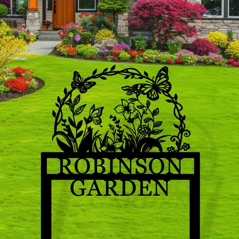 Custom Metal Flower Garden Sign with Stake, Personalized Butterfly Name Sign For Outdoor, Gardens Plaque, Remembrance Garden Signs by MBKJCUSTOM