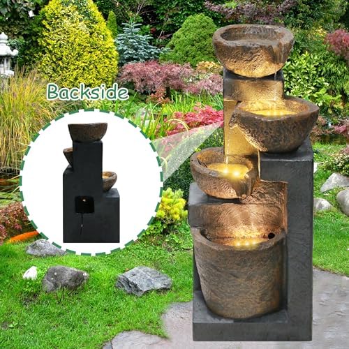 4-Tiers Cascading Rock Outdoor Fountain with LED Light Beige - Image 3