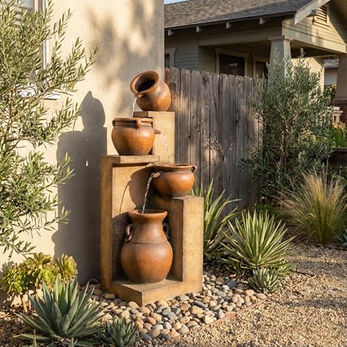 Bumilgar 53" H Patio Water Fountain - The 4 Cascading Modern Feature Crocks Garden Fountains and Waterfalls with Warm Lights for Porch, Deck, Patio, Backyard Home Décor (Gold) - Image 2