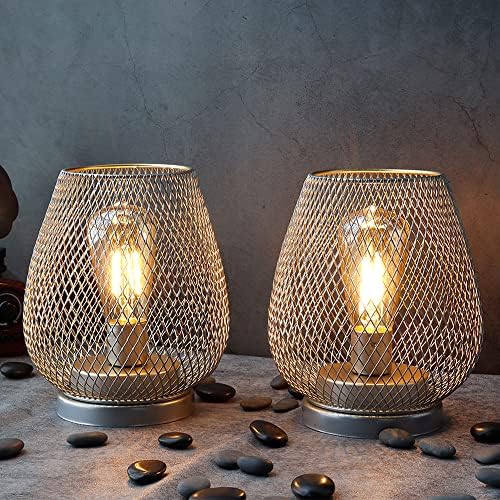 JHY DESIGN Set of 2 Metal Cage LED Lantern Battery Powered Cordless Accent Light with LED Great for Weddings Parties Patio Events for Indoors Outdoors(Silver) by JHYDESIGN