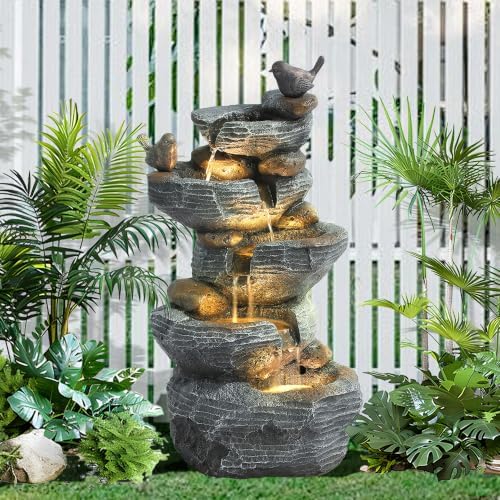 5 Tiers Garden Fountain Outdoor, 26.4" Rock Waterfall Feature with 4 LED Lights, Modern Resin Fountain Freestanding with Pump and Dicky Bird for Indoor and Porch Patio, Home Art Decor, Grey by UTOASIS