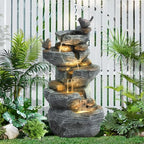 5 Tiers Garden Fountain Outdoor, 26.4" Rock Waterfall Feature with 4 LED Lights, Modern Resin Fountain Freestanding with Pump and Dicky Bird for Indoor and Porch Patio, Home Art Decor, Grey by UTOASIS