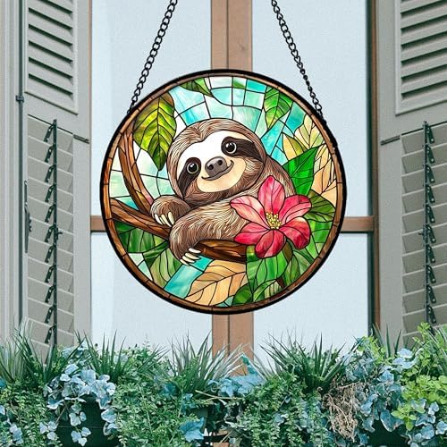 Stained Glass Window Hanging Sloth Flower Suncatcher Gifts for Women 12" - Image 3
