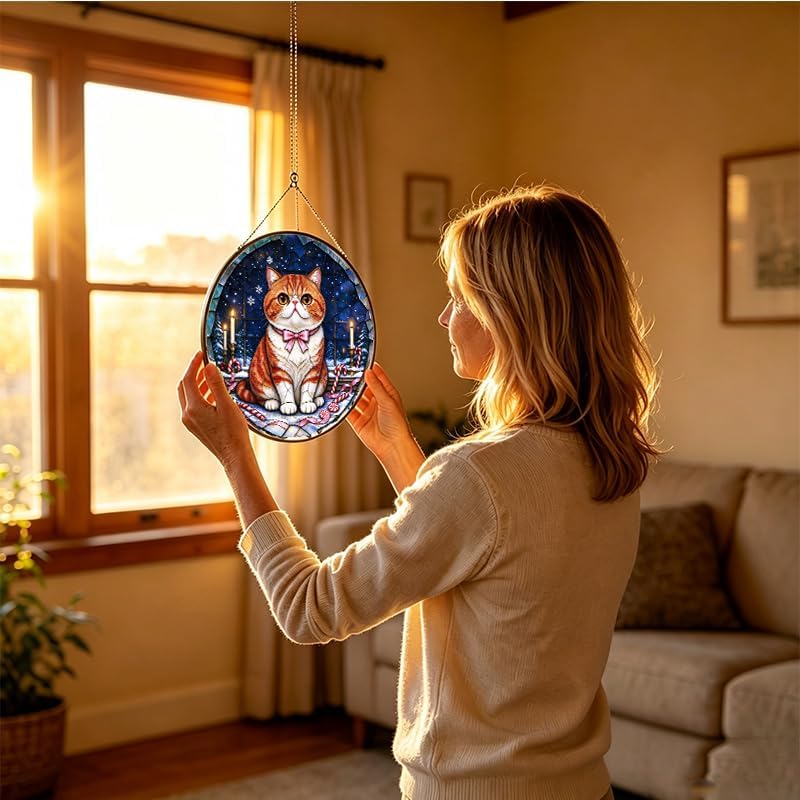 Stained Glass Window Hanging Exotic Cat Suncatcher Gifts for Sister 9.8" - Image 4