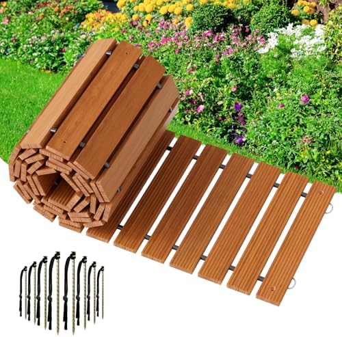 Amazer Wooden Garden Pathway, 12 FT Roll Out Straight Garden Walkway, Widened Plank Non-Slip Outdoor Walkway Path with 8 Stakes, Garden Lawn Boardwalk Paver for Outside Walkway Backyard, Natural Color by Amazer