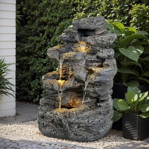 23.85" 5-Tier Concrete Fountain with LED Lights, Natural Rock Design - Image 5