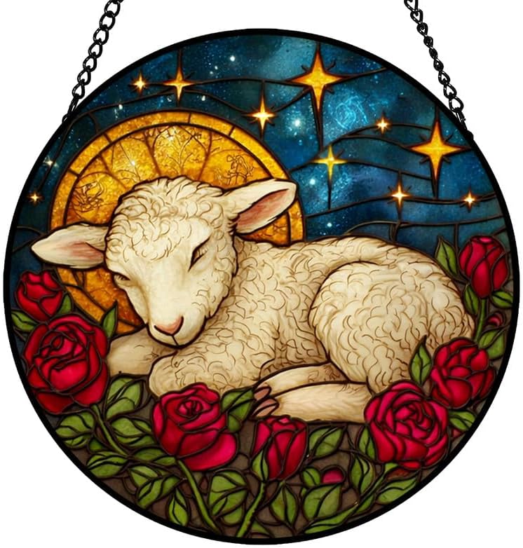 9.84 Inch Stained Glass Window Hanging Suncatcher Lamb with Roses Colorful Glass Panel Sun Catcher for Window Window Hanging Decor for Home Housewarming Gift by Unknown