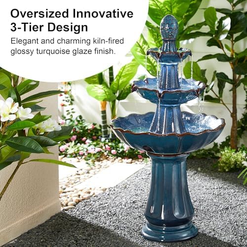Glitzhome Outdoor 3 Tier Pedestal Fountain with LED Light & Pump - 45.25" H, Ceramic Turquoise Water Fountains Waterfall Large Floor-Standing Garden Fountain for Patio, Lawn, Backyard - Image 6