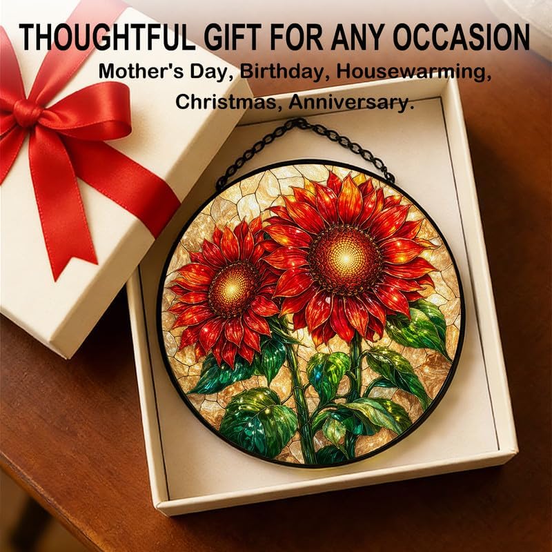 Stained Glass Window Hanging-11.8" Sunflower Suncatcher Glass Panel,Vibrant Red and Gold Floral Window Art,Home Decorative Hanging Ornament for Kitchen or Garden,Ideal Gift for Mother,Wife or Women - Image 7