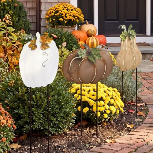 Hicarer 3 Pcs Fall Outdoor Decor Metal Pumpkin Yard Stakes Autumn Harvest - Image 5