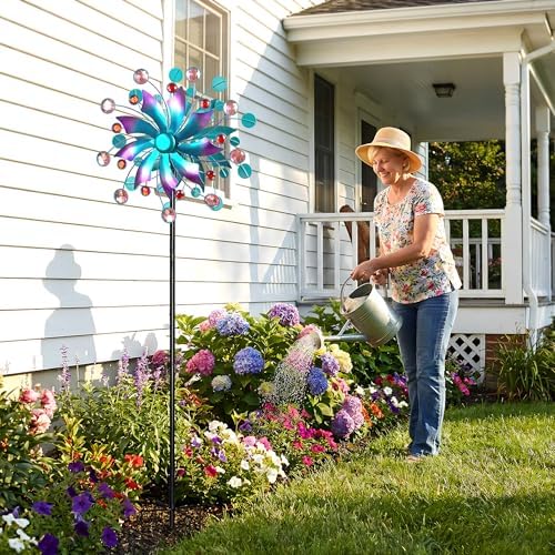 Solar Wind Spinner Outdoor - Metal Kinetic Wind Sculptures with Sparkling Jeweled Ornaments, Blue & Purple Gradient Dual-Direction Spinner, Solar LED Glass Ball Yard Art for Garden Patio Decor - Image 2