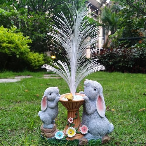 Solar Rabbit Garden Statues Outdoor Decor with LED Lights, Resin Rabbits Figurine Lights Decorations Colour Changing Fiber Optical Light, Outside Lawn Decor for Yard, Unique Housewarming Gift - Image 2