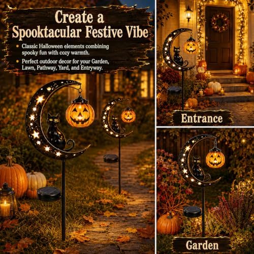 Solar Halloween Black Cat & Pumpkin Moon Garden Stake Light, with Hanging Pumpkin Lantern, Outdoor Halloween Decorations Yard Decor Lights for Garden, Patio, Lawn, Walkway, Porch(Style-A) - Image 4