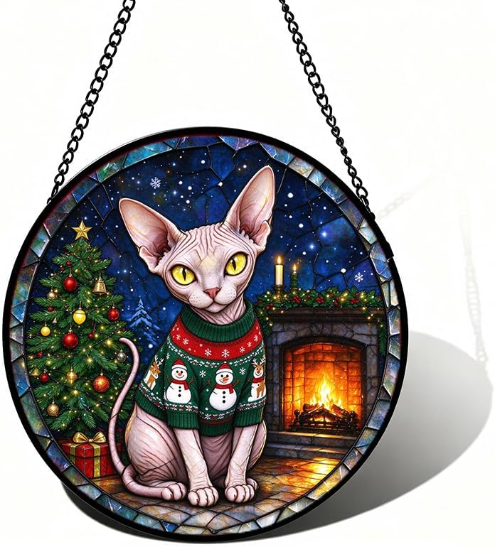 Stained Glass Window Hanging Sphynx Cat Suncatcher Gifts for Him 11.8" by Unknown