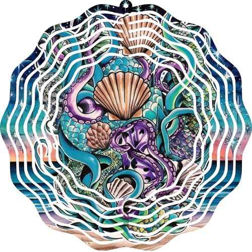 10 Inch Metal Sea Witch Wind Spinner - Dark Siren & Sea Shells - Ocean Beach Kinetic Art - 3D Rotating Outdoor Hanging Decor - Weather Resistant by Handmade
