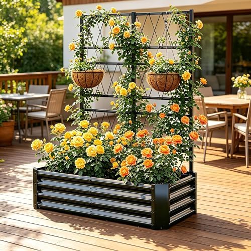 Galvanized Raised Garden Bed with Trellis for Outdoor Climbing Plants Black - Image 3