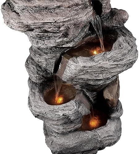 Teamson Home 39.37 in. Outdoor Faux Stacked Stone 4-Tier Water Fountain with LED Lights and Pump, Gray - Image 6