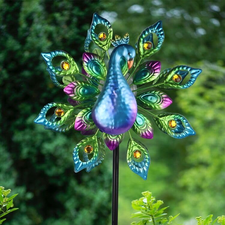 Peacock Solar Wind Spinner, 62Inch Double Wind Sculpture with Color Changing LED Light, Wind Sculptures & Spinners Outdoor Metal Stake Yard Spinners by RoamingLight
