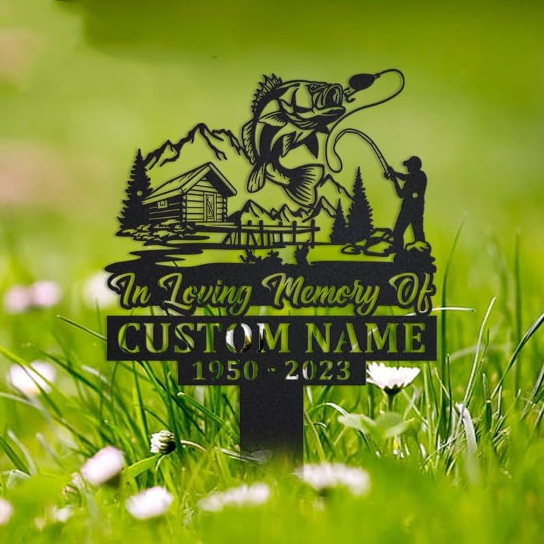 Personalized Memorial Plaques for Outdoors Mountain Cabin Scene Fisherman Grave Marker Metal Garden Stakes Fishing Lover Memorial Gifts Sympathy Gifts for Loss of Loved One (Fisherman 2) - Image 4