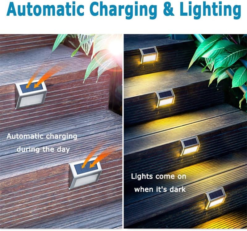 6 Pack Solar Step Lights Outdoor 6 LED Solar Deck Lights Warm White Waterproof Stainless Steel Solar Powered Stair Lights for Decks Steps Wall Railing Stair - Image 3