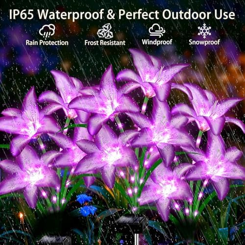 Solar Lights Outdoor, Gift for Women Mom Grandma Wife Daughter, 6 Pack 24 Solar Purple Lily Flower Lights Solar Flower Light Waterproof, Outside Decor Stake Light for Landscape Yard Patio Lawn Garden - Image 7