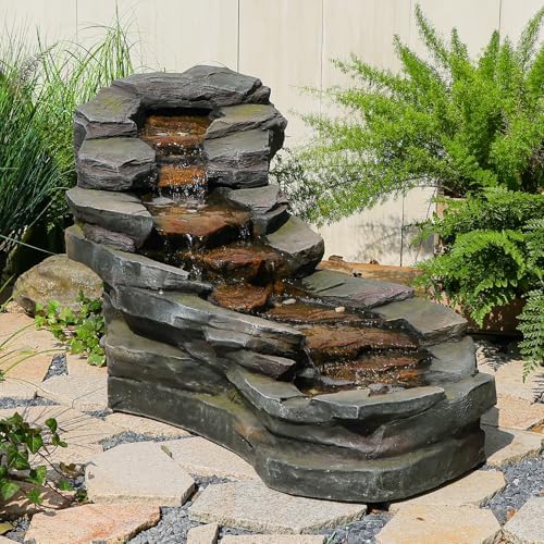 Sunlinua 49" L Water Fountain Outdoor 5-Tiers Rock Natural Waterfall Fountains Floor Standing Water Features with LED Lights for Garden, Patio, Porch, Home Art Decor - Image 2