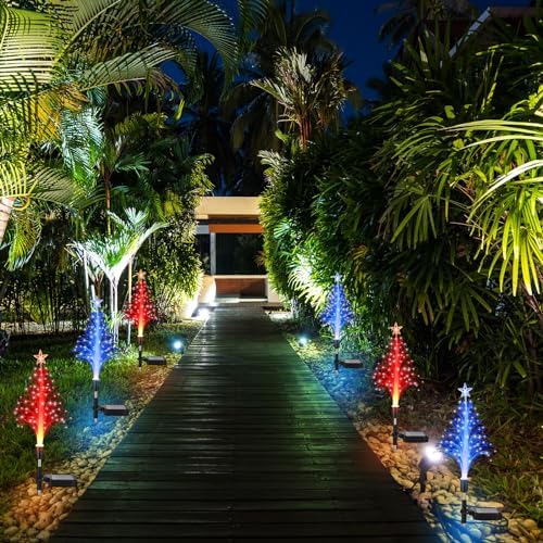 Baquler 6 Pack Solar Christmas Tree Garden Stake Lights Outdoor Waterproof Color Changing Christmas Lighted Yard Decorations Optical Fiber Xmas Pathway Lights for Lawn Patio Cemetery(Red, Blue) - Image 5