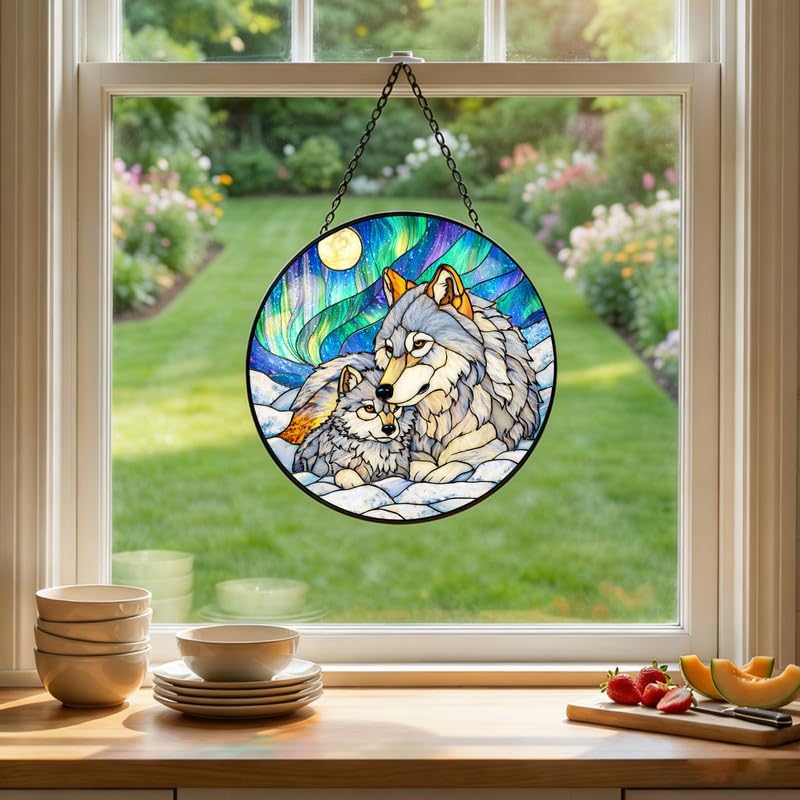 Stained Glass Window Hanging Suncatcher 11.8 in Wolf Family Aurora Scene Colorful Glass Panel Sun Catcher for Window,Window Hanging Decor for Home,Housewarming Gift - Image 4