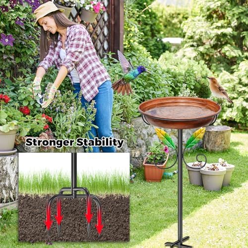 Metal Bird Bath for Outside Feeder Bowl, 38.8“ Detachable Birdbath & Birdfeeder with Hummingbird Flower Reliefs, Vintage Birds Baths for Outdoors Garden Yard Lawn Decor (Bird Retro Brown) - Image 3