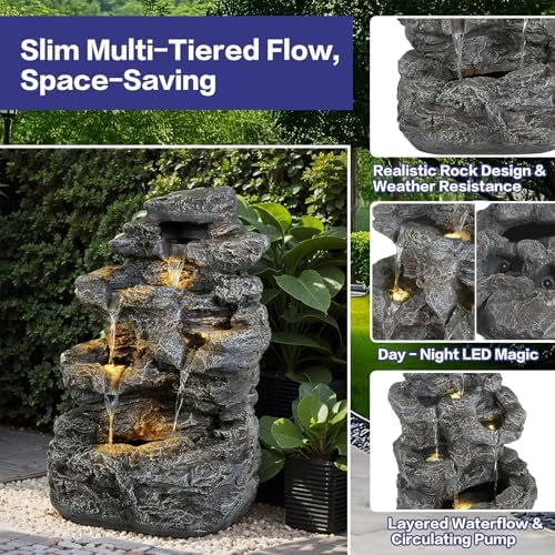 Outdoor Water Fountain with Lights - 5-Tier Rock Cascading Waterfall for Patio, Yard, Garden & Porch Landscape Decor, Quiet Pump Operation, 23.85" Height - Image 4