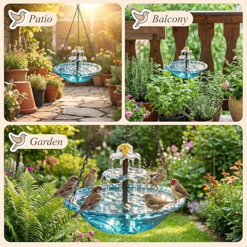 Solar Cascade Hanging Bird Bath Fountain - Solar Powered Birdbath Water Fountain Pumps Dispenser Outdoors Decor, Hanging Hummingbird Bird Shower Bath Kit with Flowing Water (Single - Black) - Image 5