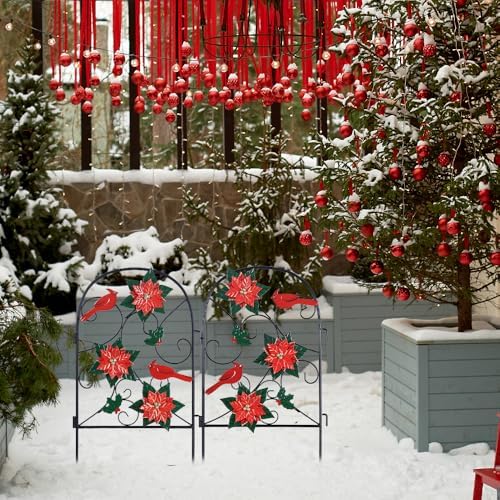 hogardeck Outdoor Christmas Decorations, 2 Pcs Metal Fence Floral Decorative Garden Stakes with Poinsettia Red Birds for Christmas Decor, Yard Signs for Garden Lawn Patio Home - Image 4