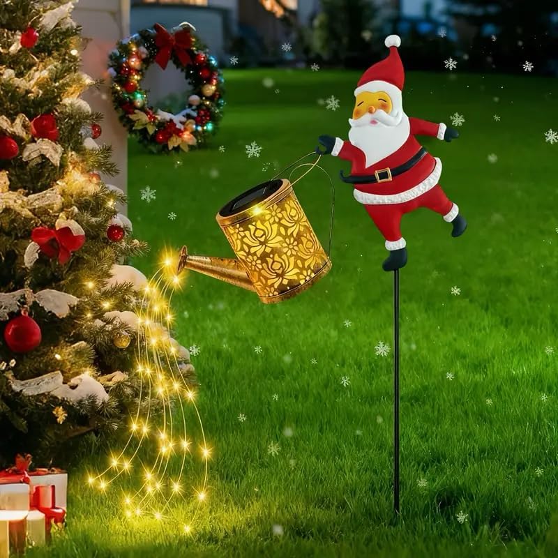 Christmas Santa Solar Kettle Lights, Solar Garden Watering Can Lights with Cascading Lights, Waterproof Hanging Metal Outdoor Lantern Decorations for Garden Patio Porch Yard (Warm) by FIALAME