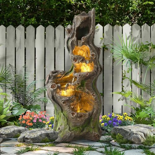 40" Tall Outdoor Water Fountain, 5-Tiers Cascading Realistic Tree Trunk Natural Water Feature, Large Garden Fountain with Waterfalls and LED Lights for Deck, Patio, Porch and Yard by GIODIR