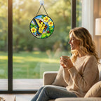 Stained Glass Window Hanging Suncatcher 11.8 in Butterfly and Yellow Flower Colorful Glass Panel Sun Catcher for Window,Bright Nature Window Hanging Decor for Home,Housewarming Gift - Image 3