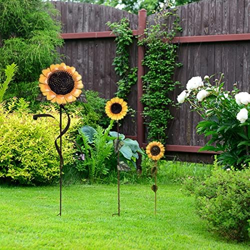 Flower Garden Stakes Metal Spring Yard Sign Decorative Sunflower Plant Stake Lawn Art Patio Decor Pathway Ornaments Indoor Outdoor Decoration (48"+39"+22" H) - Image 3