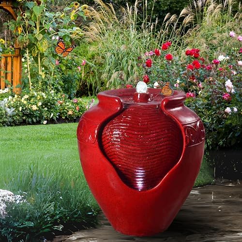 Teamson Home Outdoor Pot Fountain with LED Lights and Pump, Floor Water Fountain for Patio, Garden, Backyard, Decking Home Décor, 16.93 Inch Height, Red - Image 2